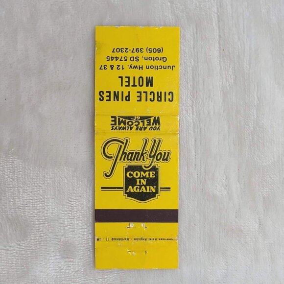 Matchbook Cover Circle Pines Motel Groton SD South Dakota Yellow Black - Picture 3 of 4